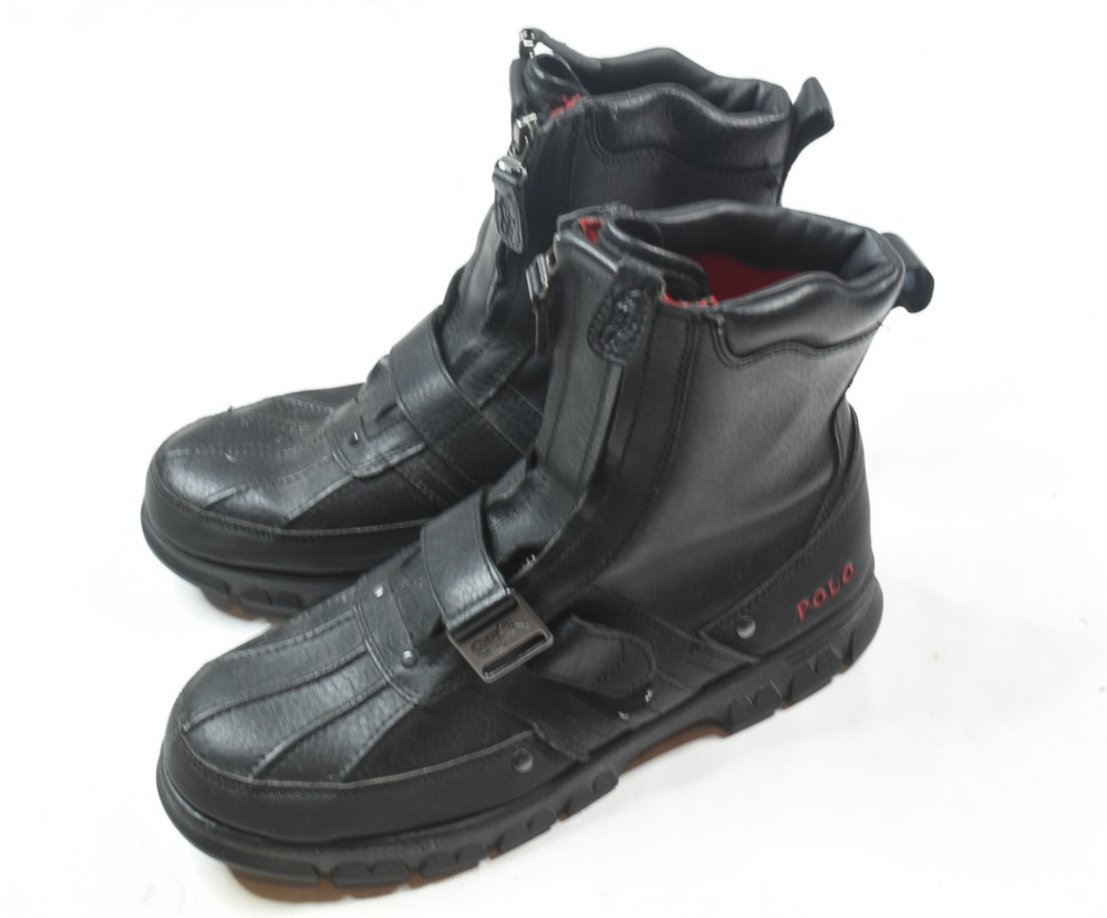 Polo Ralph Lauren DWANN Boots Mens 10.5D Black Leather Slip-On Zipper Straps